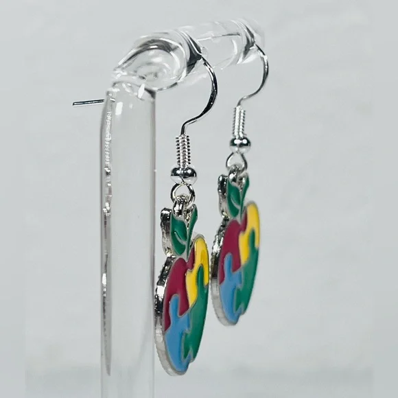 Autism Puzzle Piece Apple Earrings - Picture 2 of 8